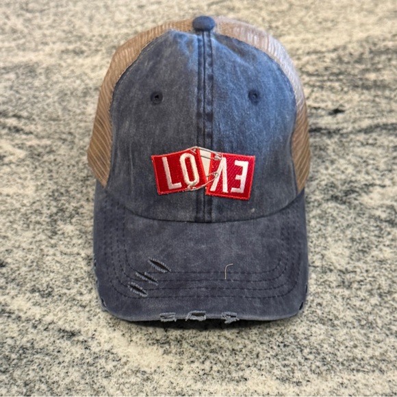 New Custom Designed Blue & Tan Mesh Distressed Trucker Hat with Embroidered LOVE